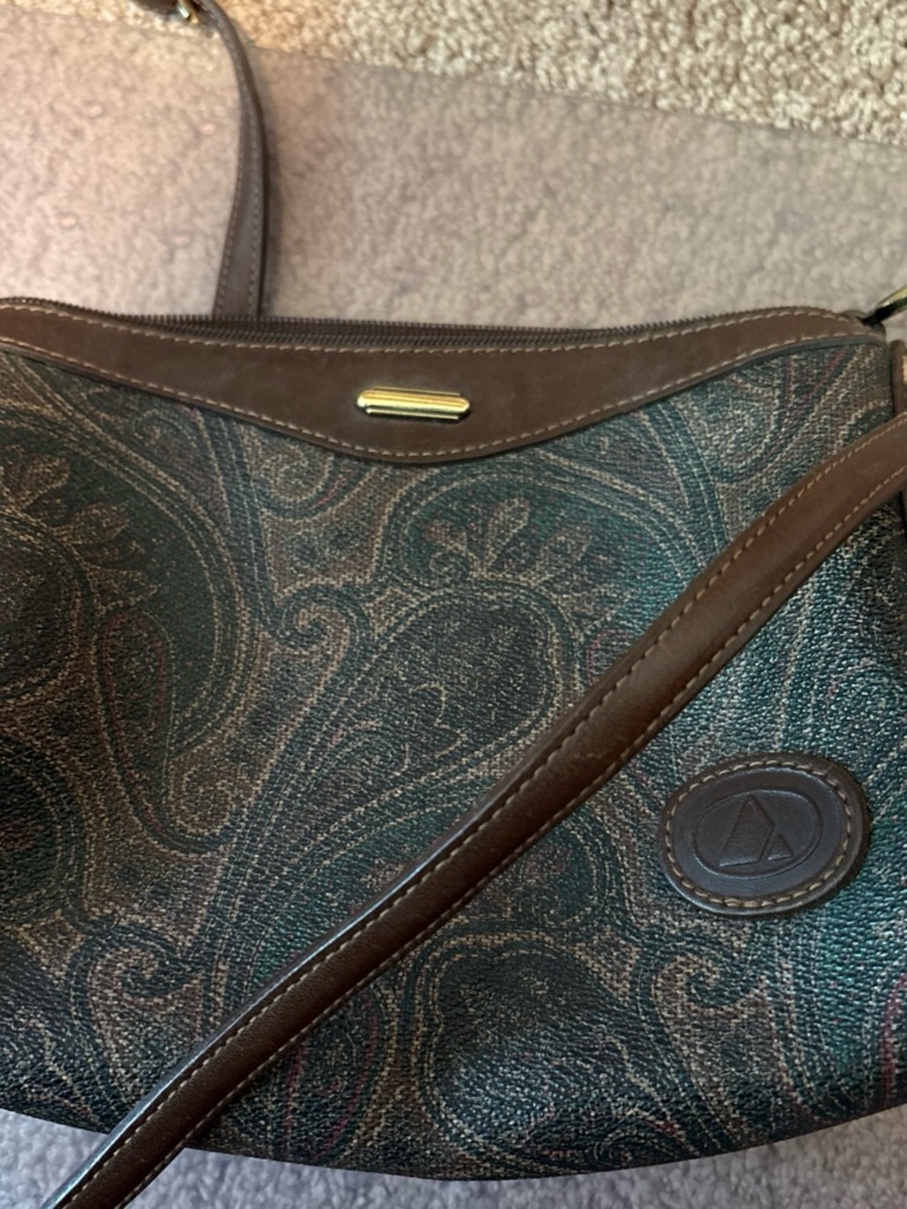 Liz Claiborne Dark Green Paisley Shoulder Bag with Brown Trim